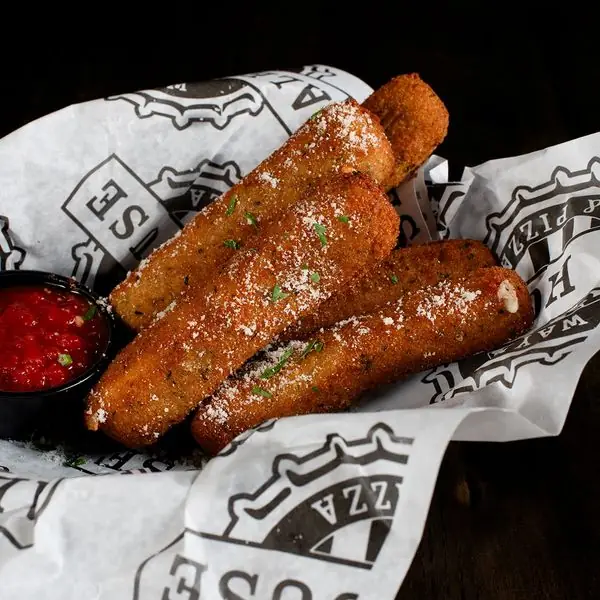 Fried mootz stixx with red sauce