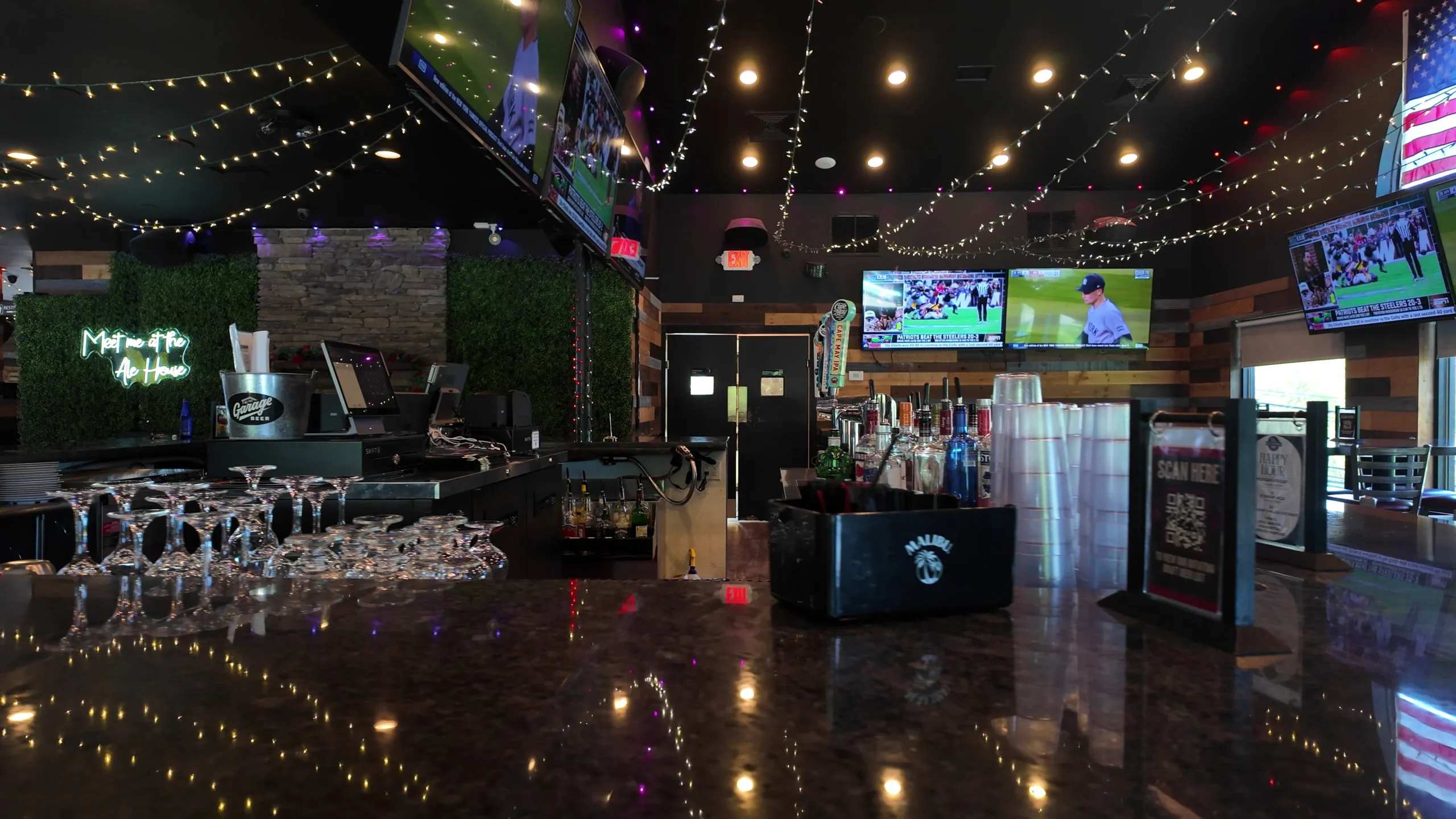 The upstairs party room at Wayne Ale House with the lights on